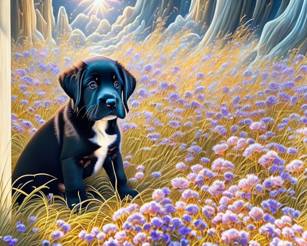 Black Puppy Surrounded by Purple Flowers in Forest Setting