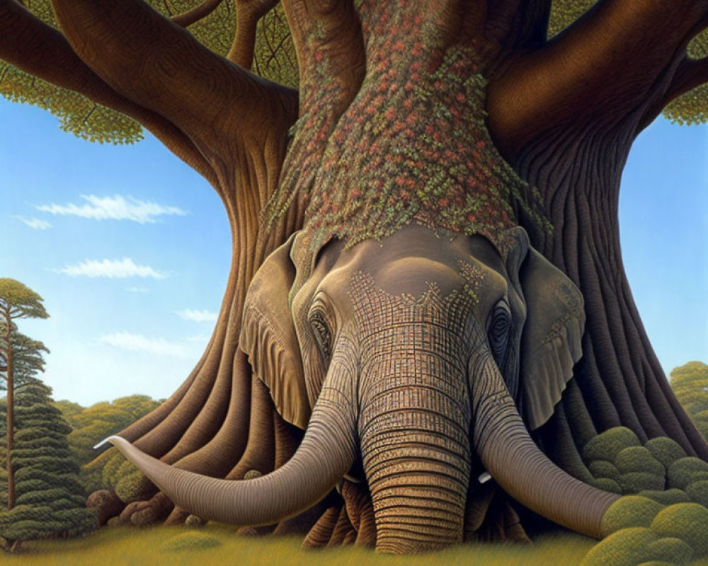 Elephant blending into tree trunk in serene forest scene