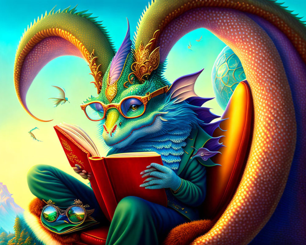 Colorful Dragon Reading Book in Scenic Landscape
