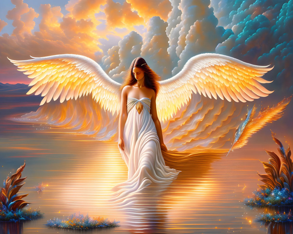 Serene angel with white wings in vibrant sky