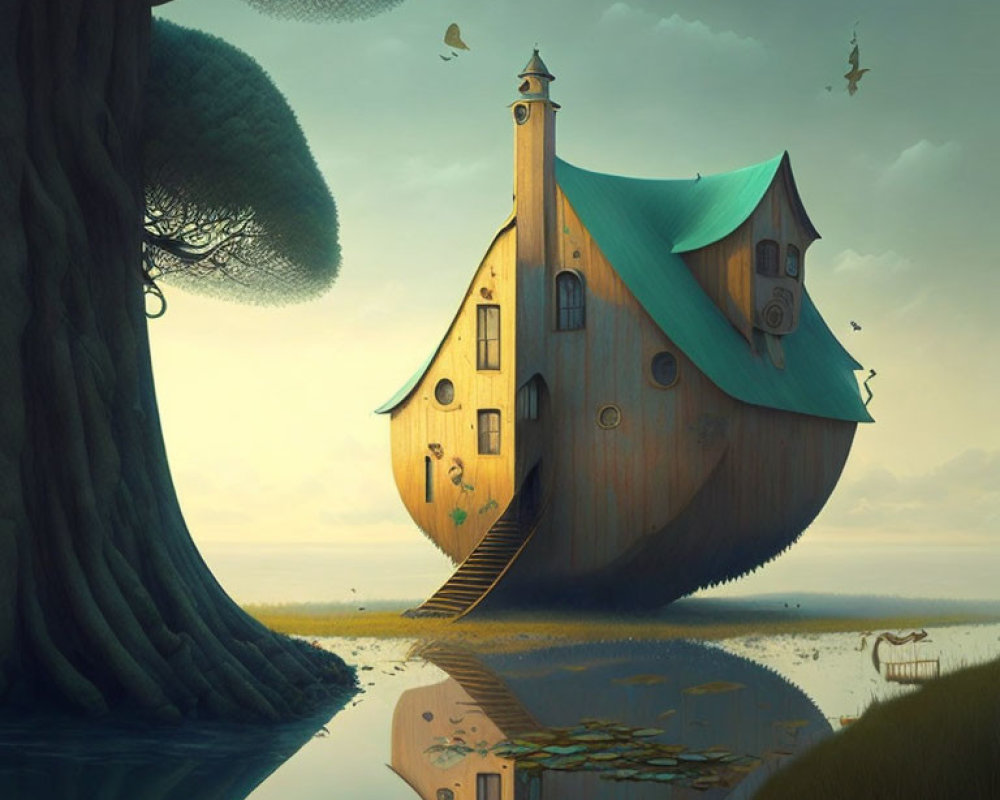 Whimsical ship-shaped house with green roof by tree, calm water, dusky sky.
