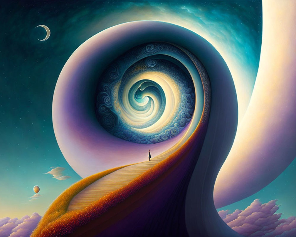 Surreal landscape with swirling sky, person on curving path, distant planets, crescent moon