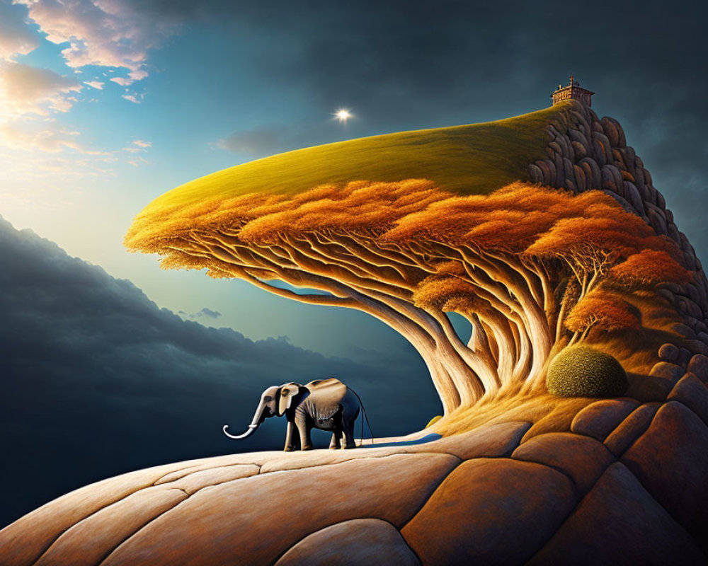 Surreal image: Elephant under massive tree with cliff, lighthouse, star