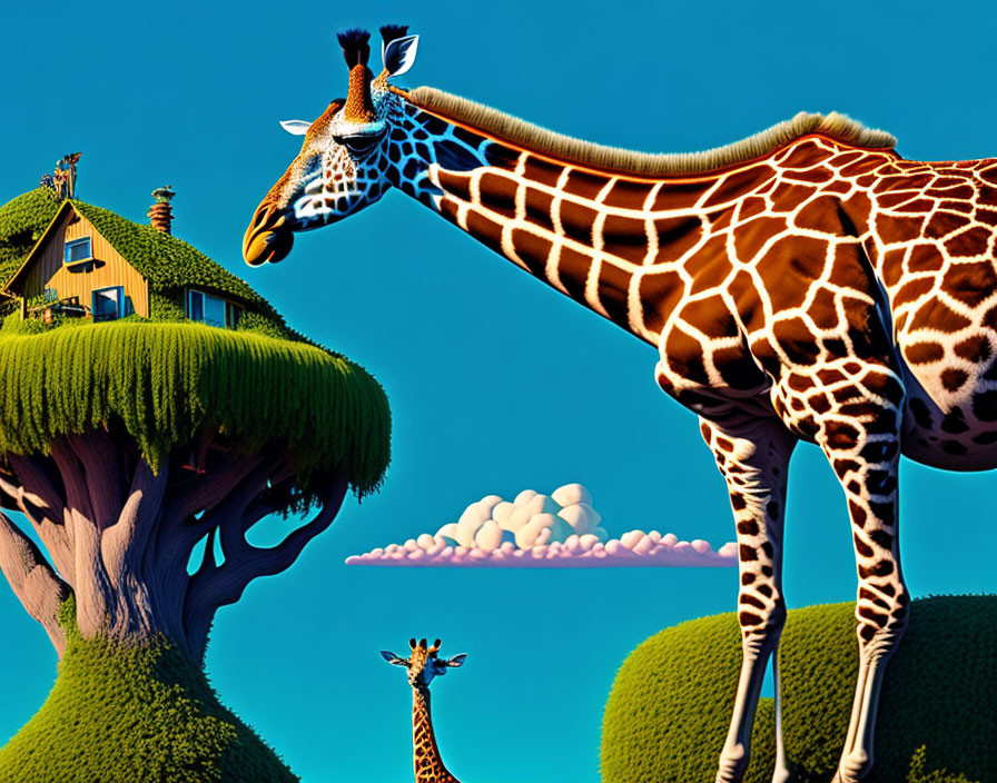 Whimsical 3D illustration of giraffes, trees, house under blue sky