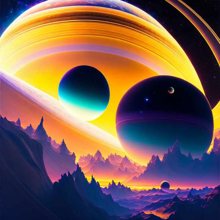 Sci-fi landscape with mountains, rings, and celestial bodies at sunset