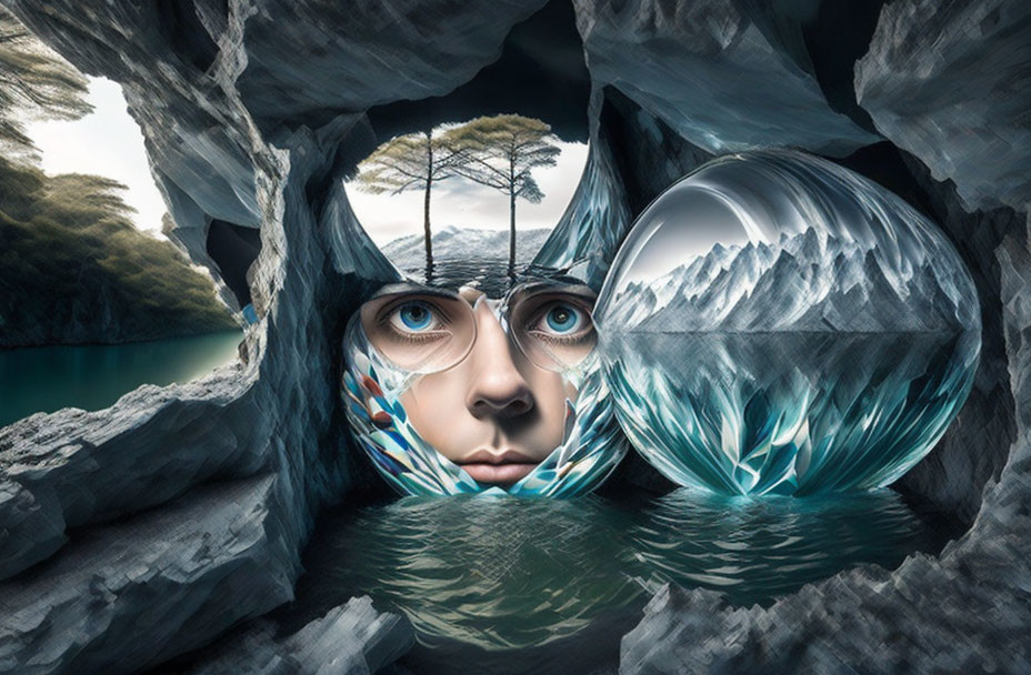 Surreal artwork: Face with landscape elements, crystal structures in cave.