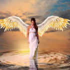 Serene angel with white wings in vibrant sky