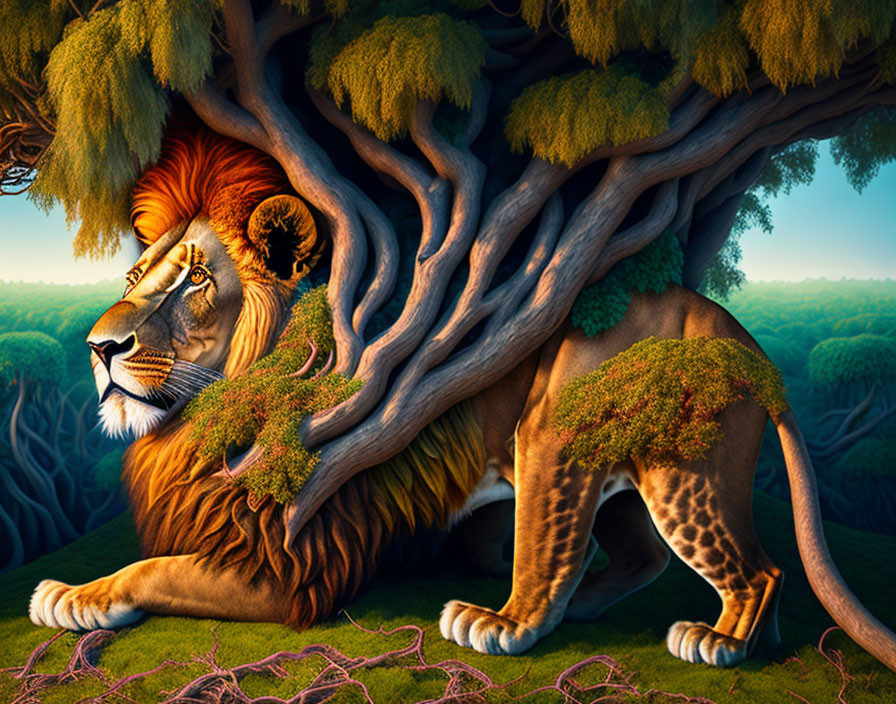 Majestic lion with tree and landscape elements in lush forest