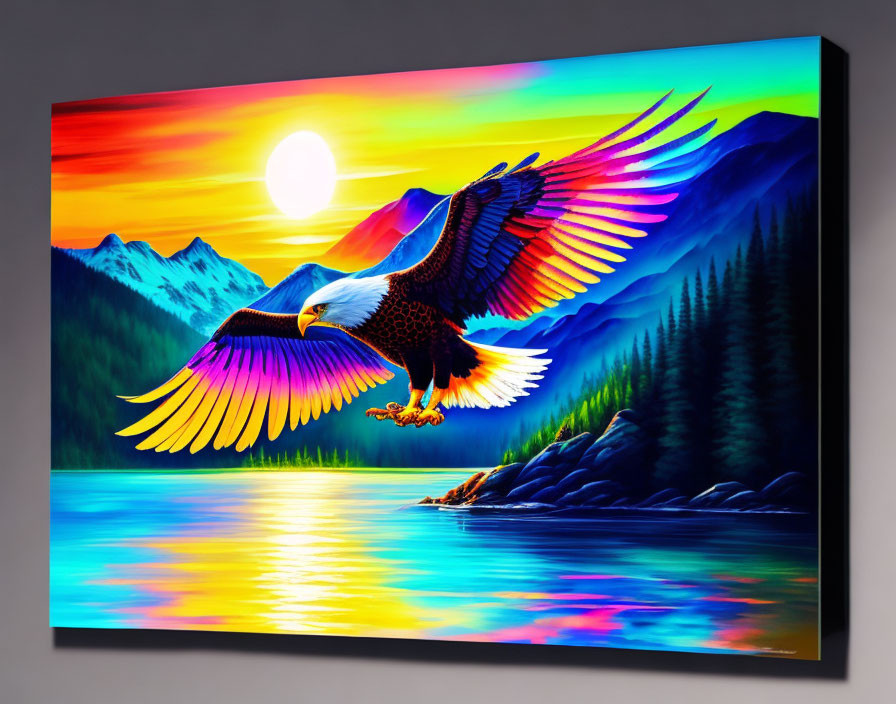Colorful Eagle Flying Over Mountain Landscape at Sunset
