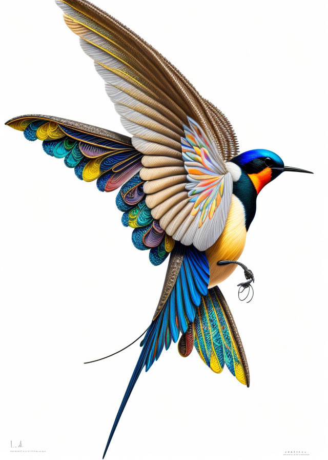 Colorful Bird Illustration in Mid-Flight on White Background