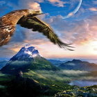 Digital image: Giant eagle soaring over colorful, fantastical landscape