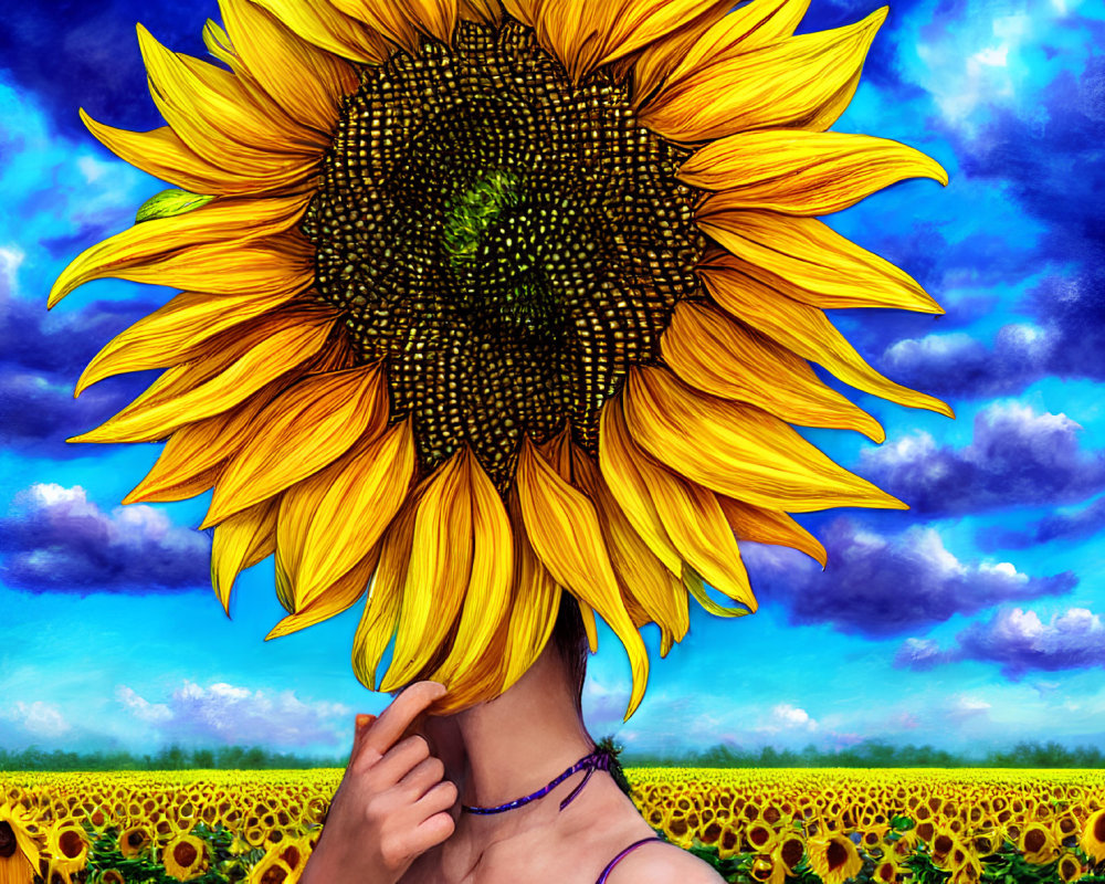 Person holding large sunflower in sunflower field under cloudy sky