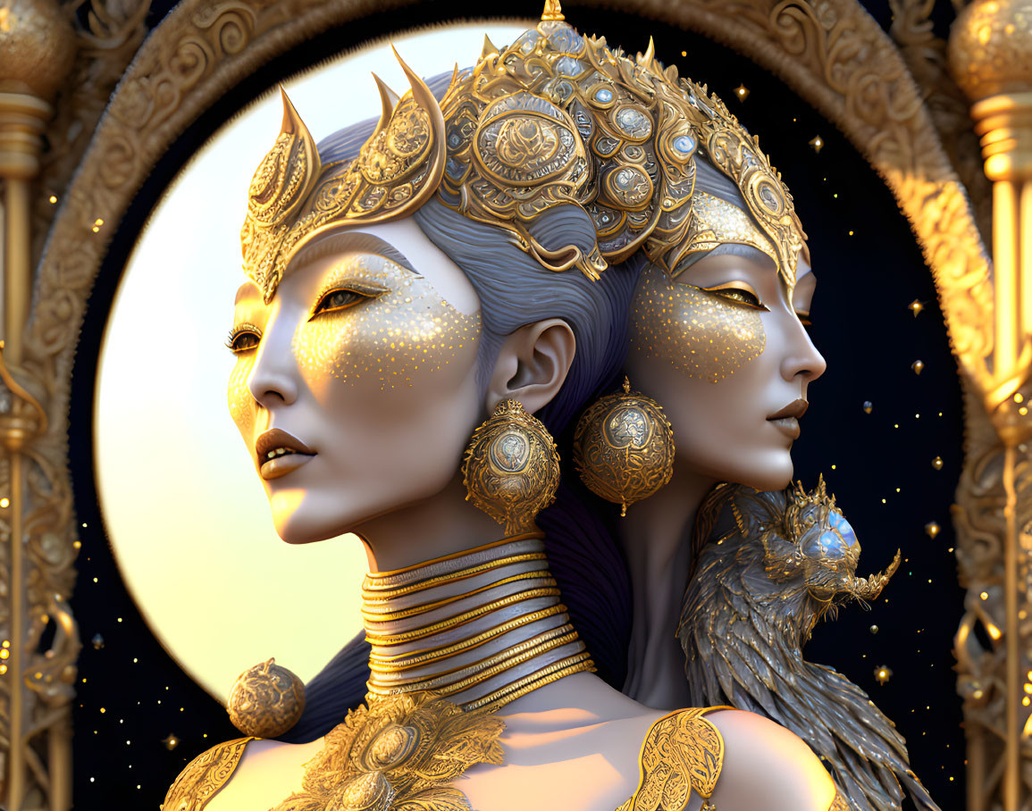 Golden female figures with ornate headpieces and jewelry in front of a baroque mirror.