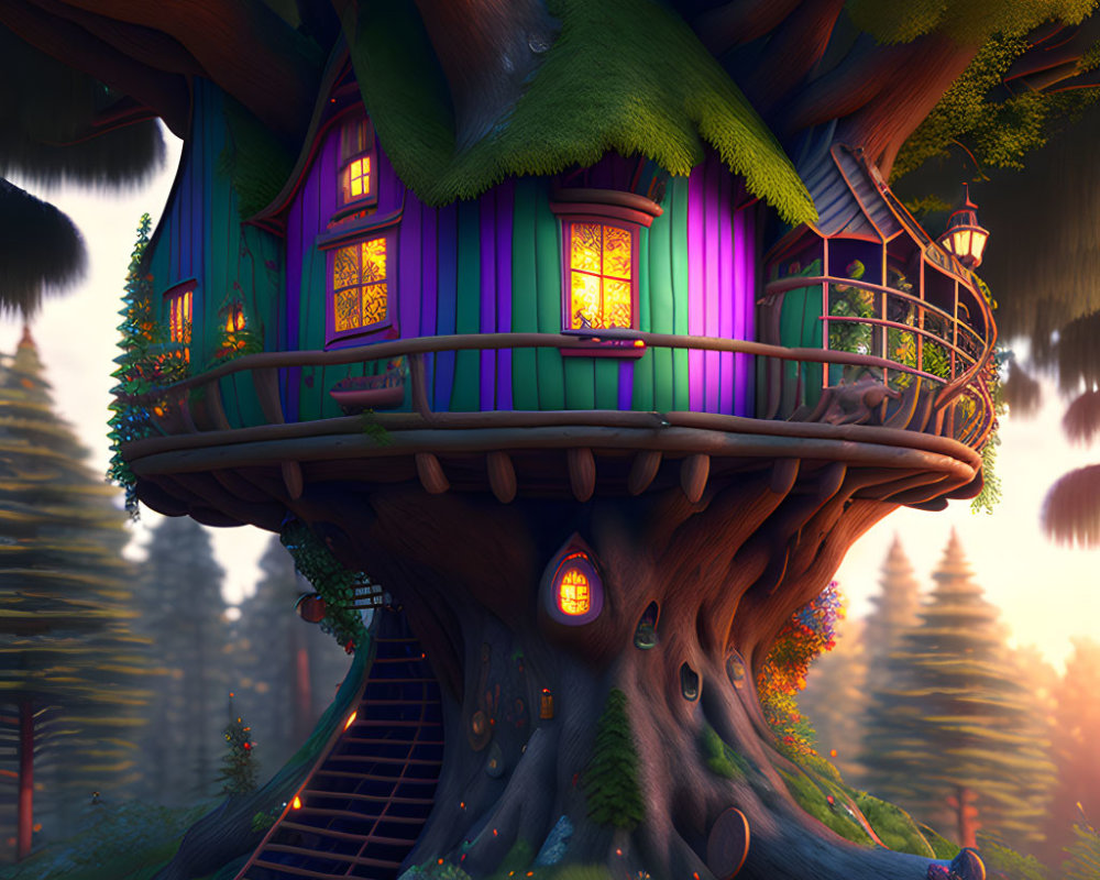 Whimsical Treehouse with Purple and Pink Walls in Forest at Dusk