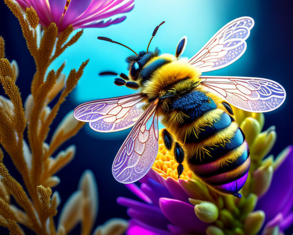 Colorful Bee with Translucent Wings and Flowers on Blue Background