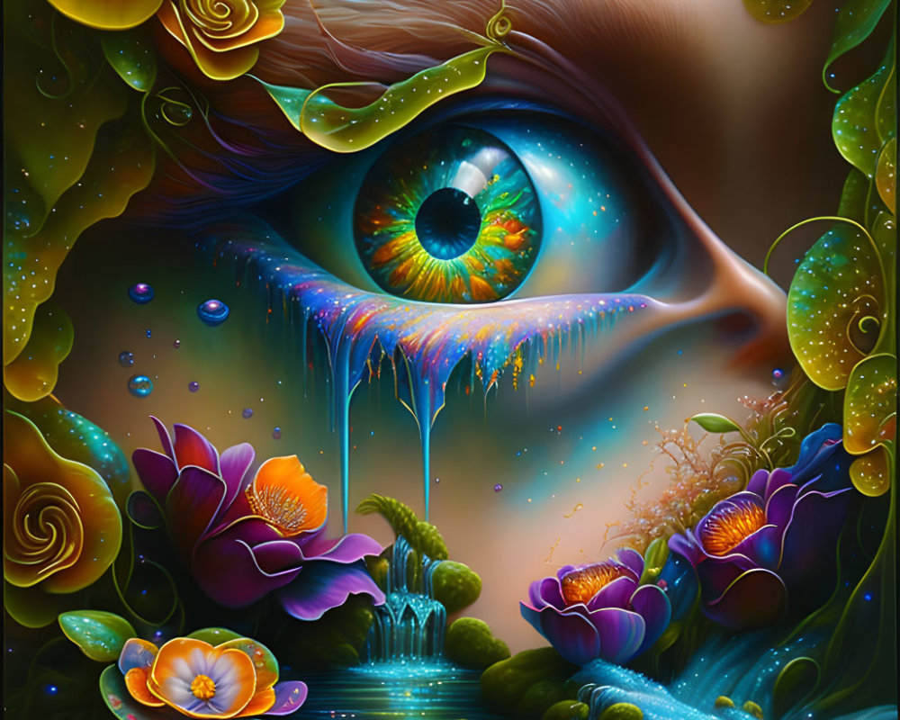 Fantastical illustration of detailed eye with lush floral elements