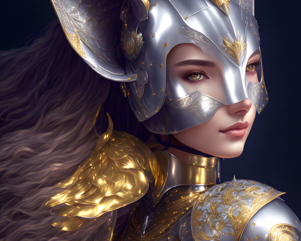 Fantasy illustration of woman in silver and gold armor with leaf-like helmet and flowing hair