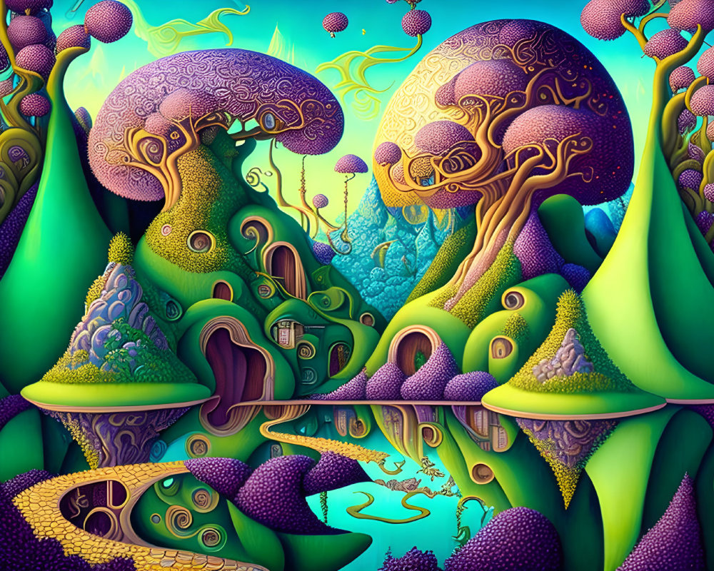 Fantastical landscape with mushroom-like structures and purple foliage