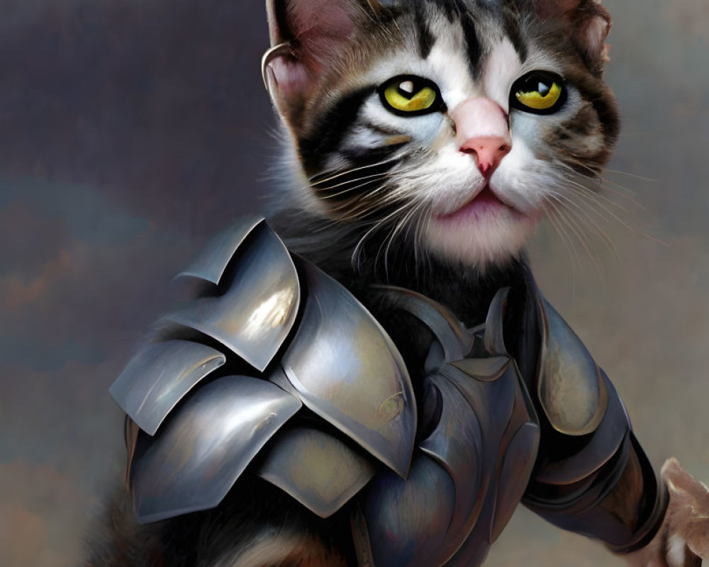 Whimsical cat in medieval armor against cloudy sky