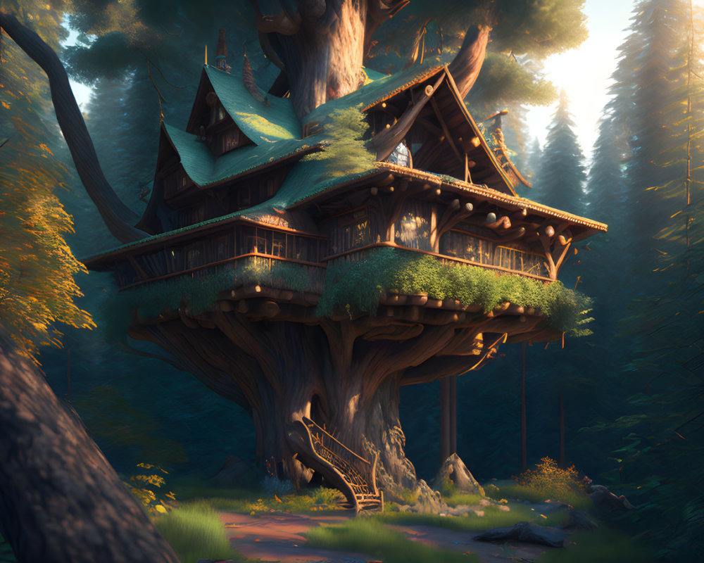 Enchanting multi-story treehouse in magical forest at sunset