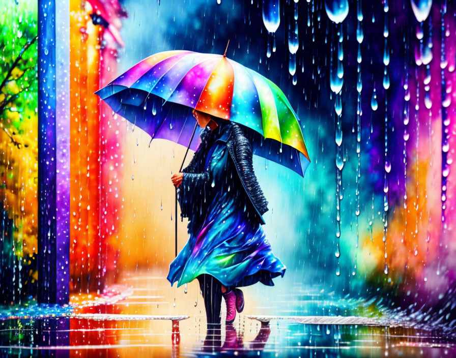 Colorful Umbrella Walking Down Vibrant Rainy Street