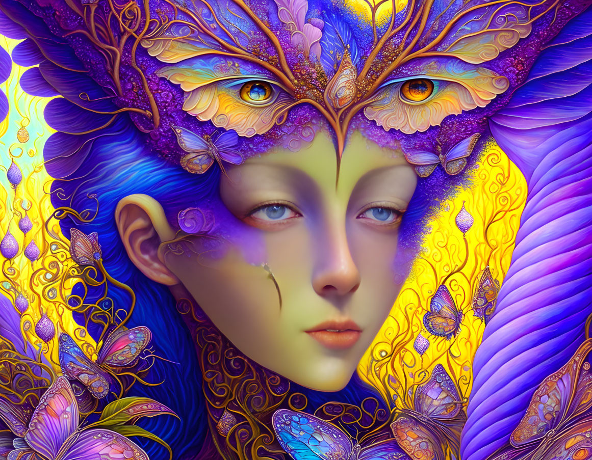 Surreal face illustration with purple and yellow hues and butterfly motifs