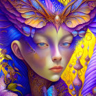 Surreal face illustration with purple and yellow hues and butterfly motifs
