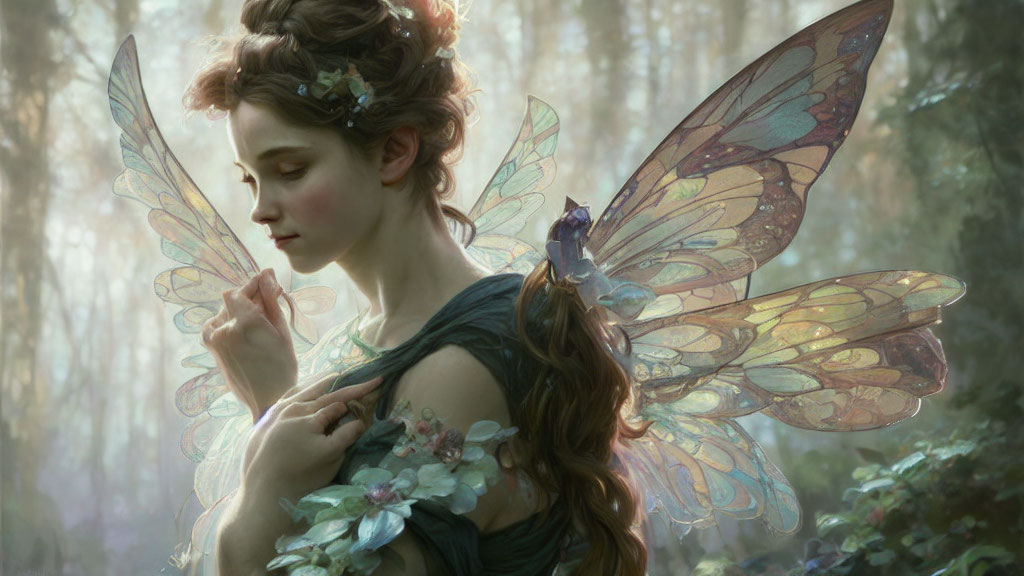 Delicate fairy with iridescent wings in enchanted forest