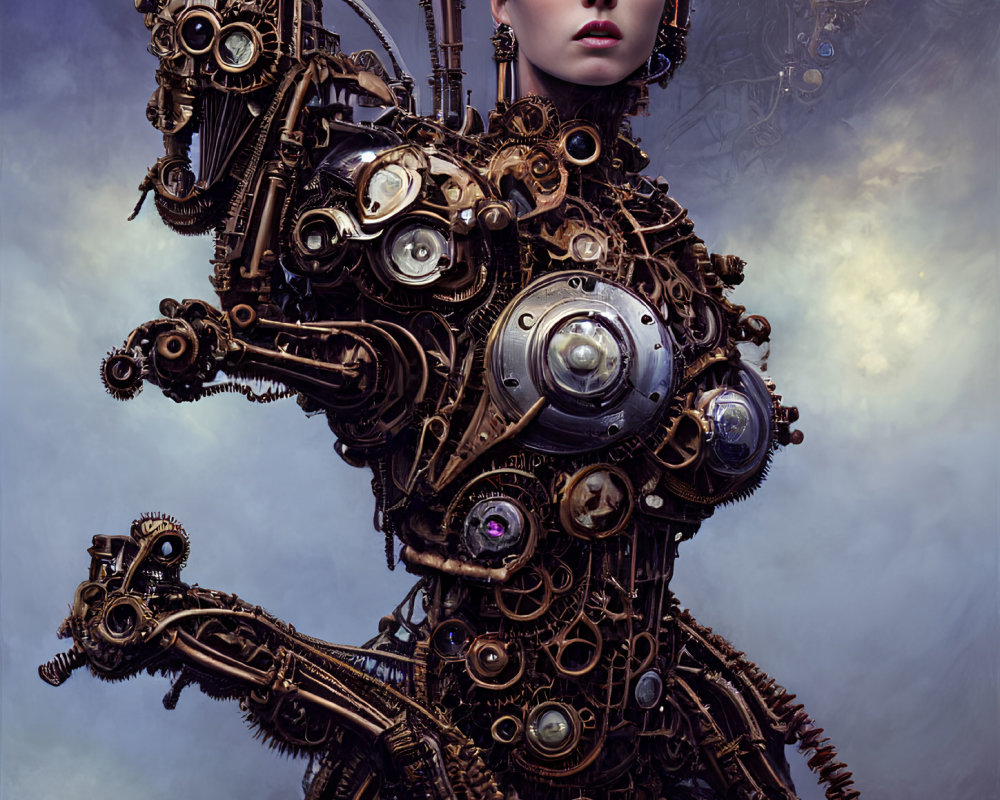 Steampunk-themed woman with mechanical body and gears on blue backdrop