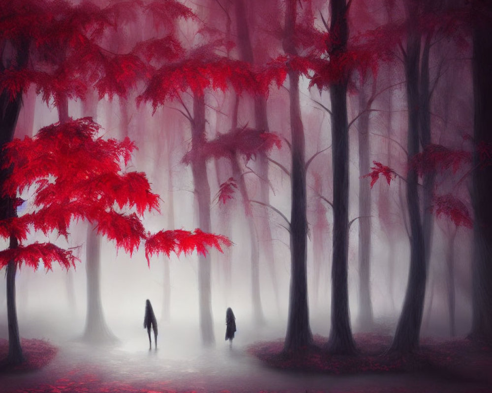 Enchanting forest scene with red leaves, mist, and silhouetted figures