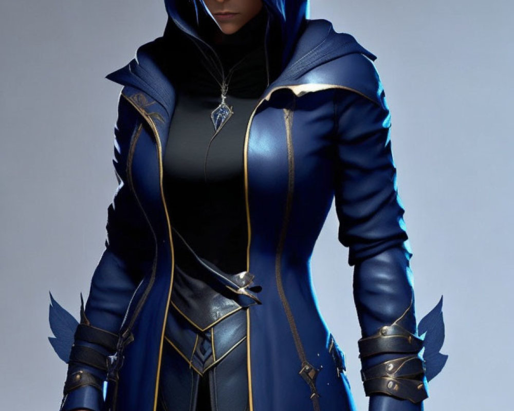 Blue hooded figure with armor-like details exudes mystery and power