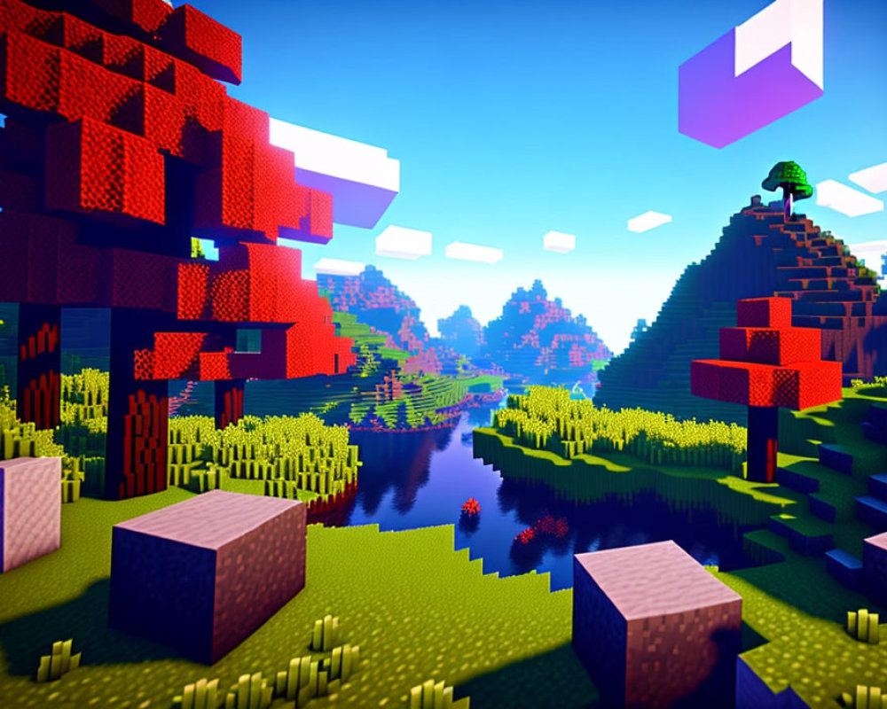 Colorful blocky landscape with river and mushroom-like trees under blue sky
