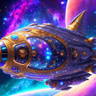 Detailed Golden Spaceship Traveling Through Colorful Cosmos with Nebulae