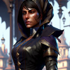 Dark-haired female character in black hooded garment with gold trim against fantasy cityscape.