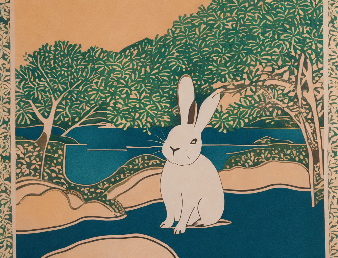 Stylized white rabbit by river with trees in beige and blue palette