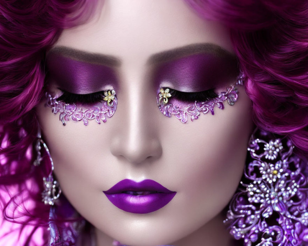 Vibrant Purple Makeup and Embellishments with Magenta Hair