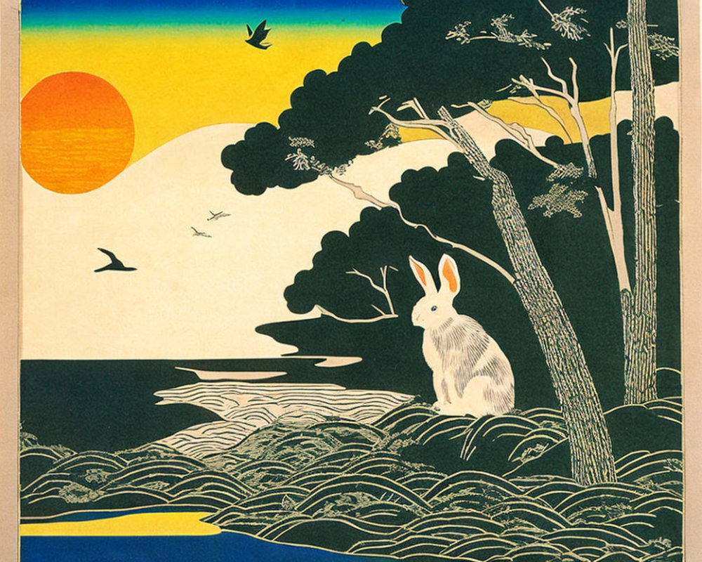 Stylized illustration of white rabbit by water, trees, birds, and sun