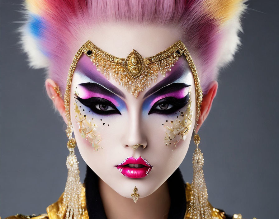 Colorful Makeup, Mohawk Hairstyle & Gold Jewelry Combination