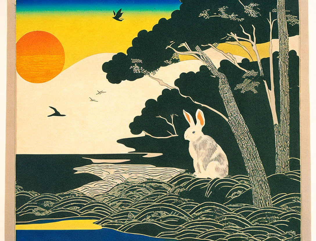 Stylized illustration of white rabbit by water, trees, birds, and sun