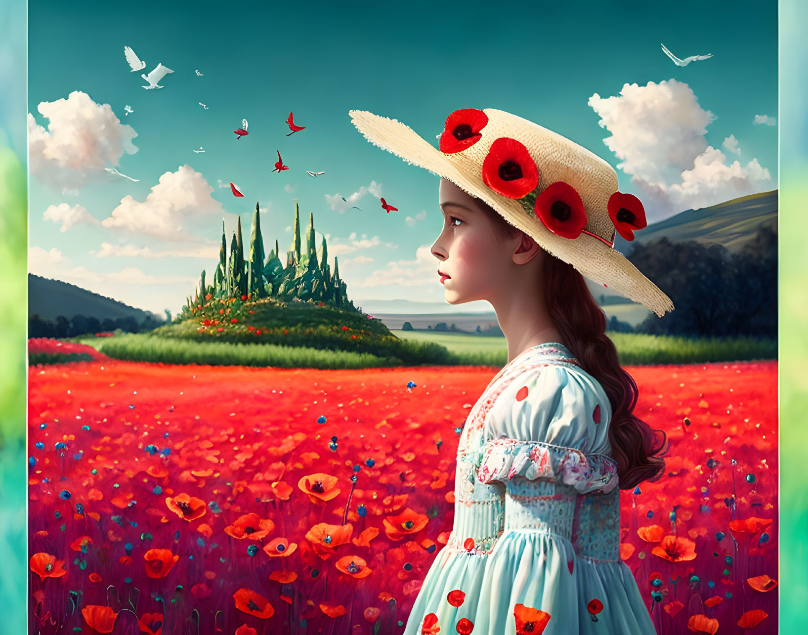 Girl in Blue Dress and Wide-Brimmed Hat in Vibrant Poppy Field with Birds