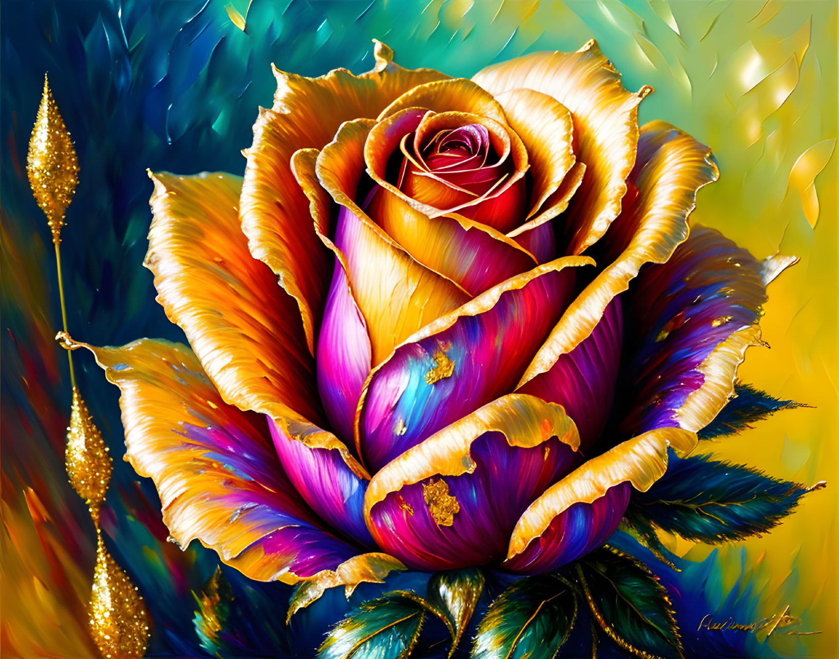 Colorful digital painting of a rose with gold-trimmed petals on abstract background