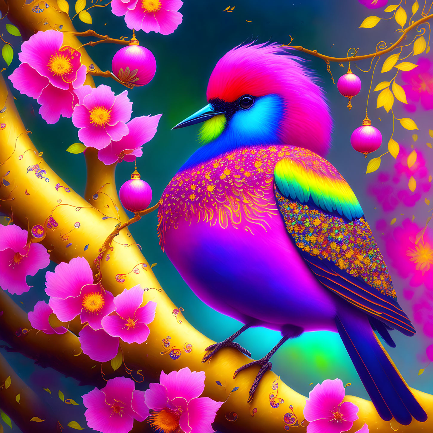 Colorful Stylized Bird Illustration with Purple, Blue, and Gold Hues
