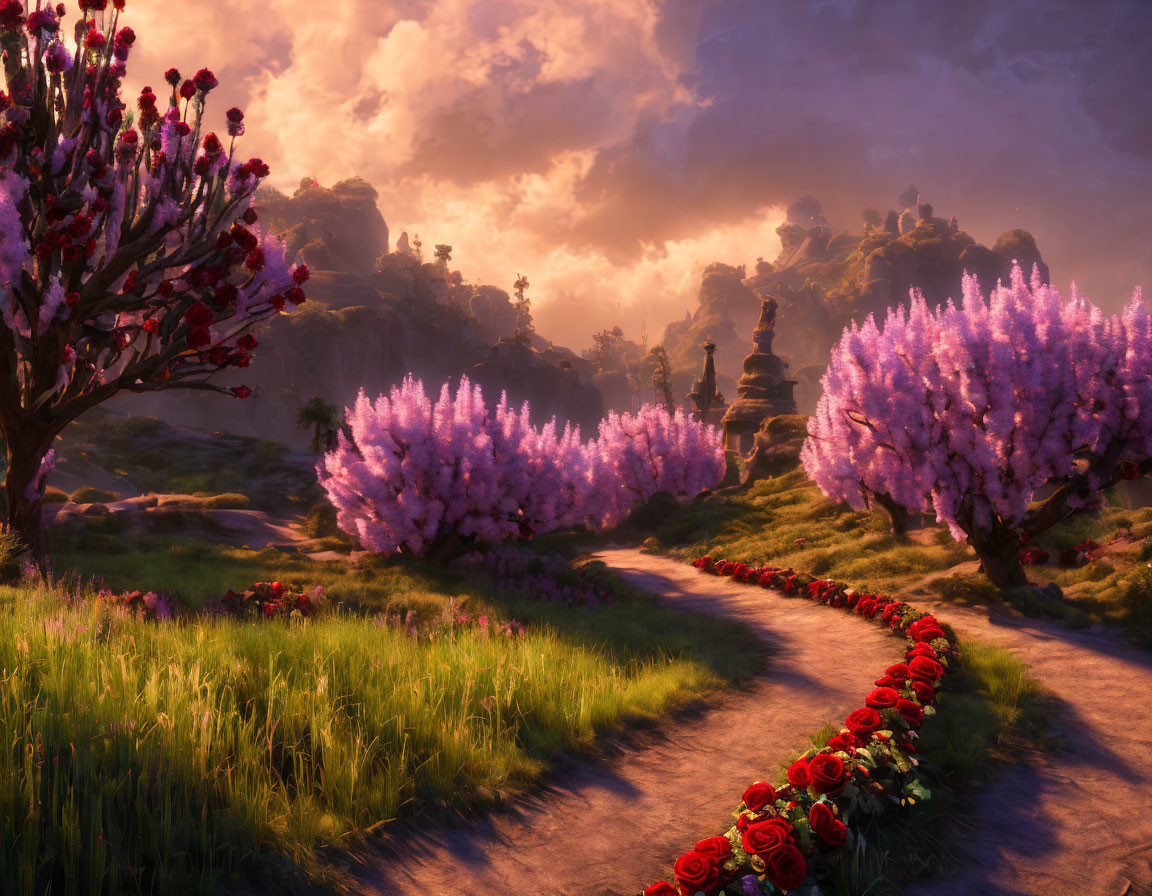 Magical Landscape with Purple Trees and Red Roses