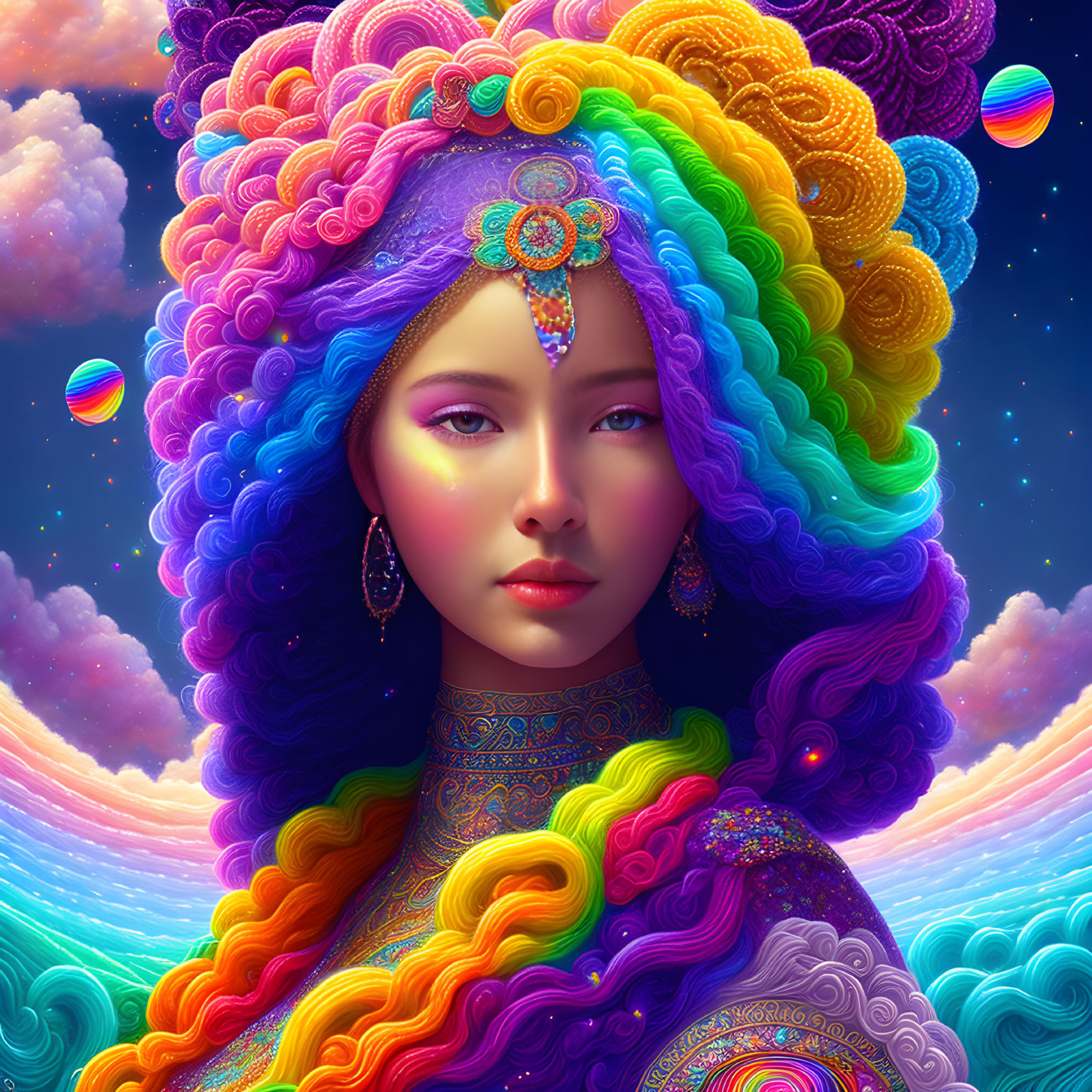 Colorful digital artwork of woman with curly hair and celestial background