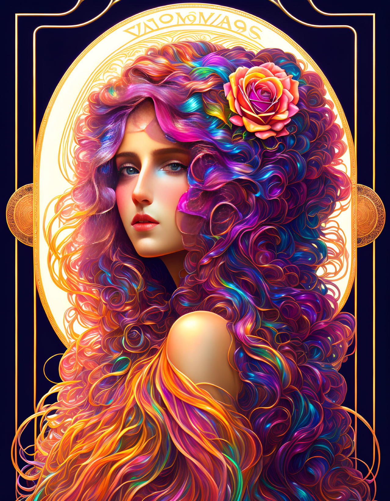 Digital Artwork: Woman with Vibrant Multicolored Hair and Rose in Art Nouveau Frame