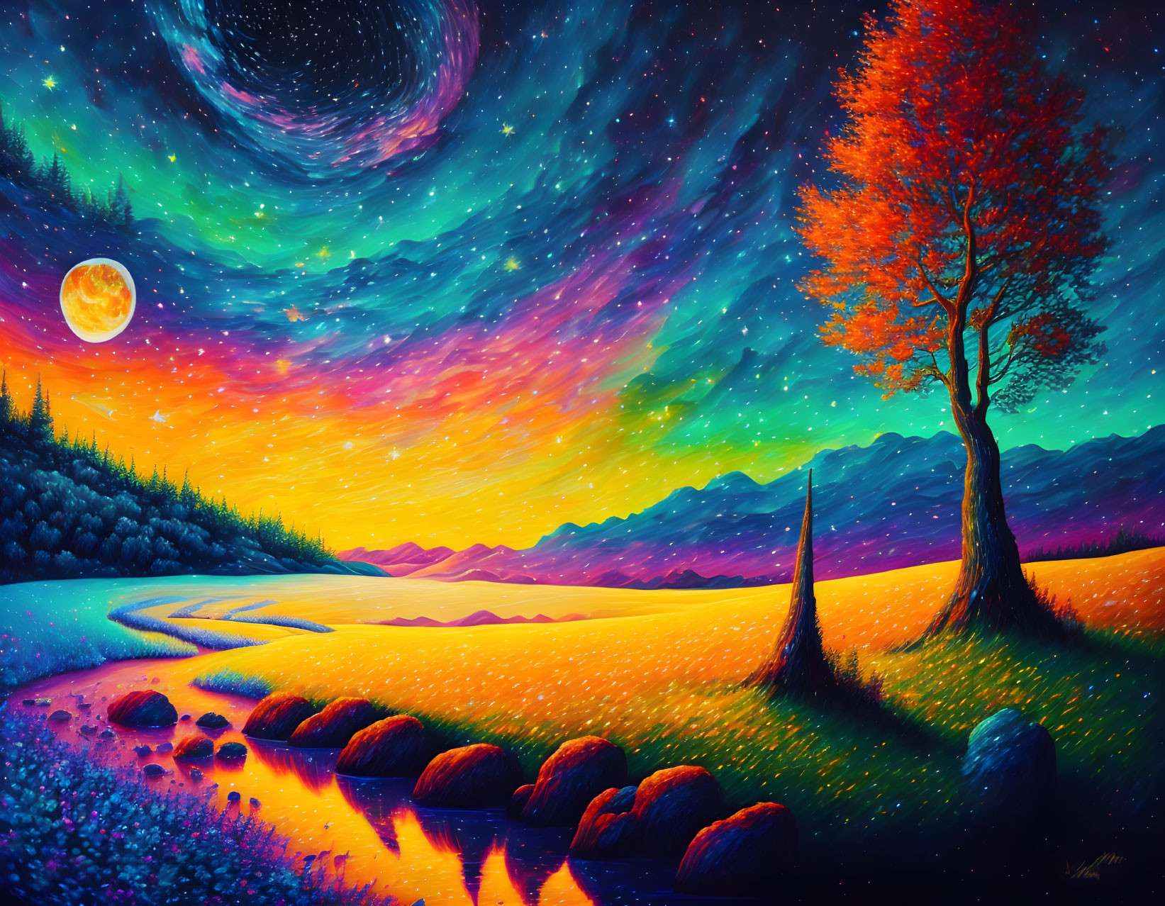 Colorful fantasy landscape with starry sky, moon, trees, river, and sunset gradient