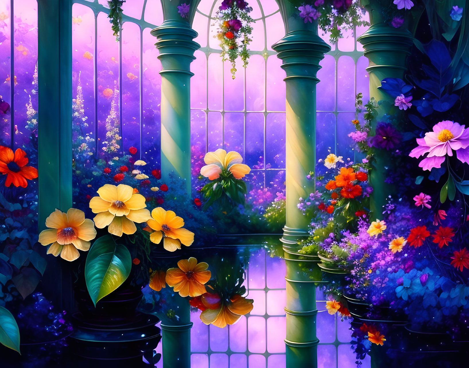 Vibrant flower garden balcony with green columns and purple sunset.