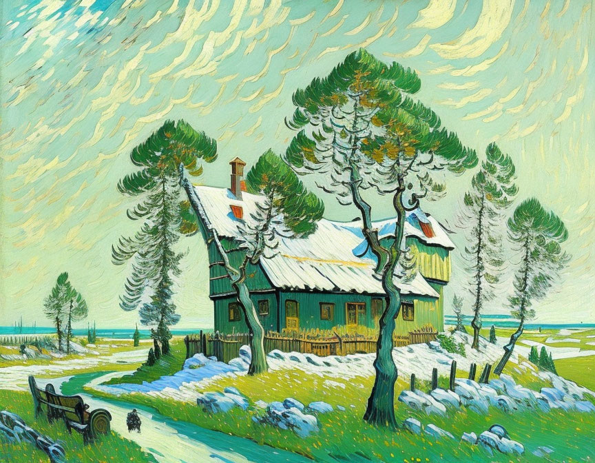 Colorful painting of house in snowy landscape with swirling sky