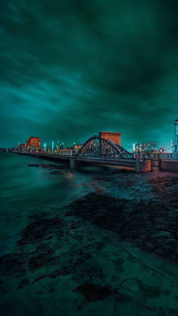 Night cityscape with illuminated bridge over water under teal sky