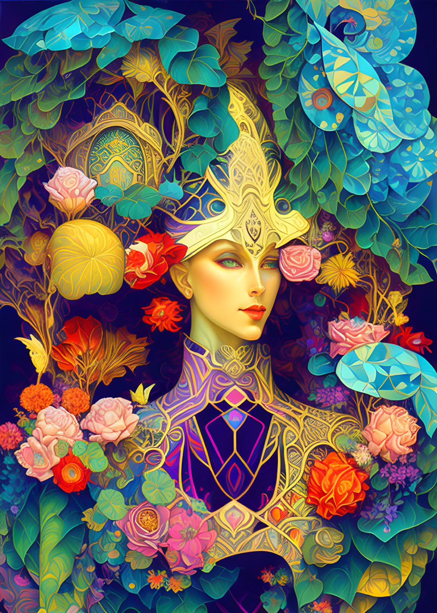 Colorful illustration of woman with intricate headdress in fantasy setting